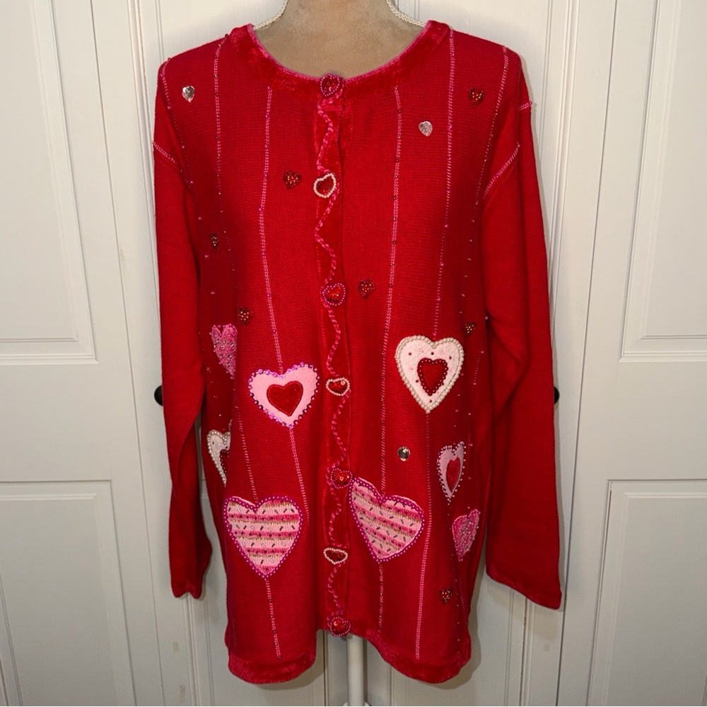 Quacker Factory Women’s Red Valentine’s Day Sweater Cardigan Large Hearts Beaded